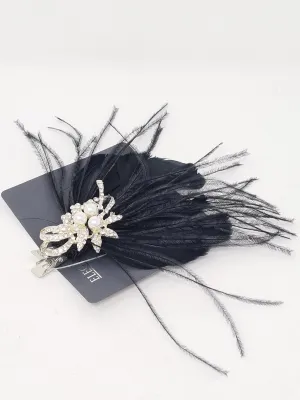 Amelia Black Crystal & Pearl Feather Hair Clip