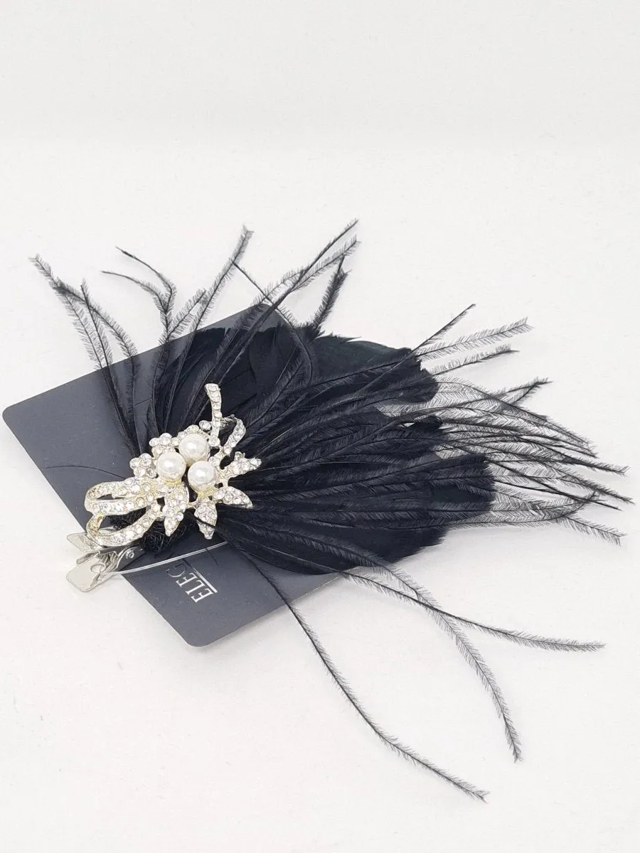 Amelia Black Crystal & Pearl Feather Hair Clip