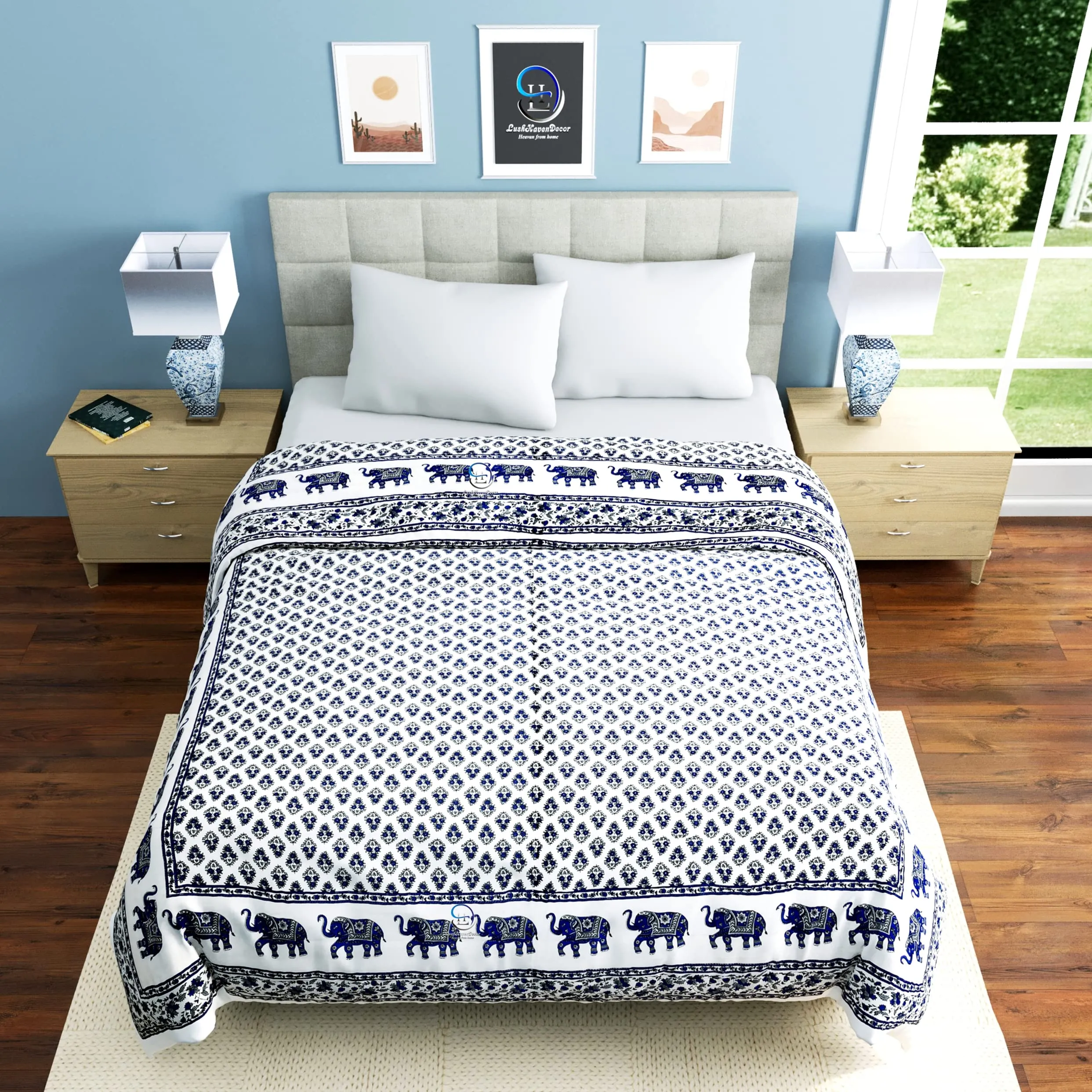 AUROSTYLE 400 Gsm Jaipuri Hand Block And Elephant Screen Printed Summer And Winter Cotton Double Bed Quilt Razai - King Size - 90 X 105 Inch (Double Bed, Design 4), Lightweight (Multicolor)