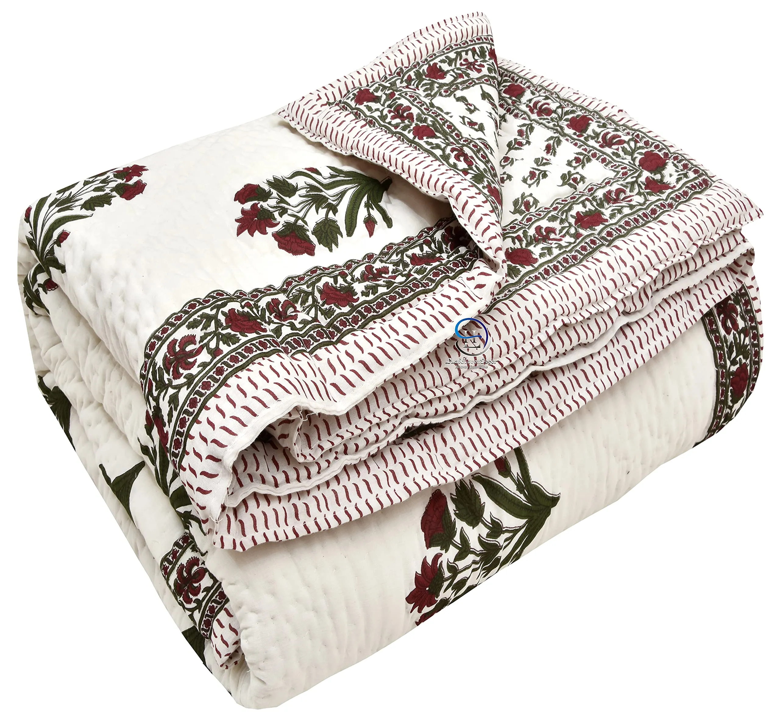 AUROSTYLE 400 TC Jaipuri Light Weight Pure Cotton Traditional Hand Block Big Flower Print Double Bed Quilt/Razai/Rajai (White & Green, 90 x 108 Inches, Double Bed)