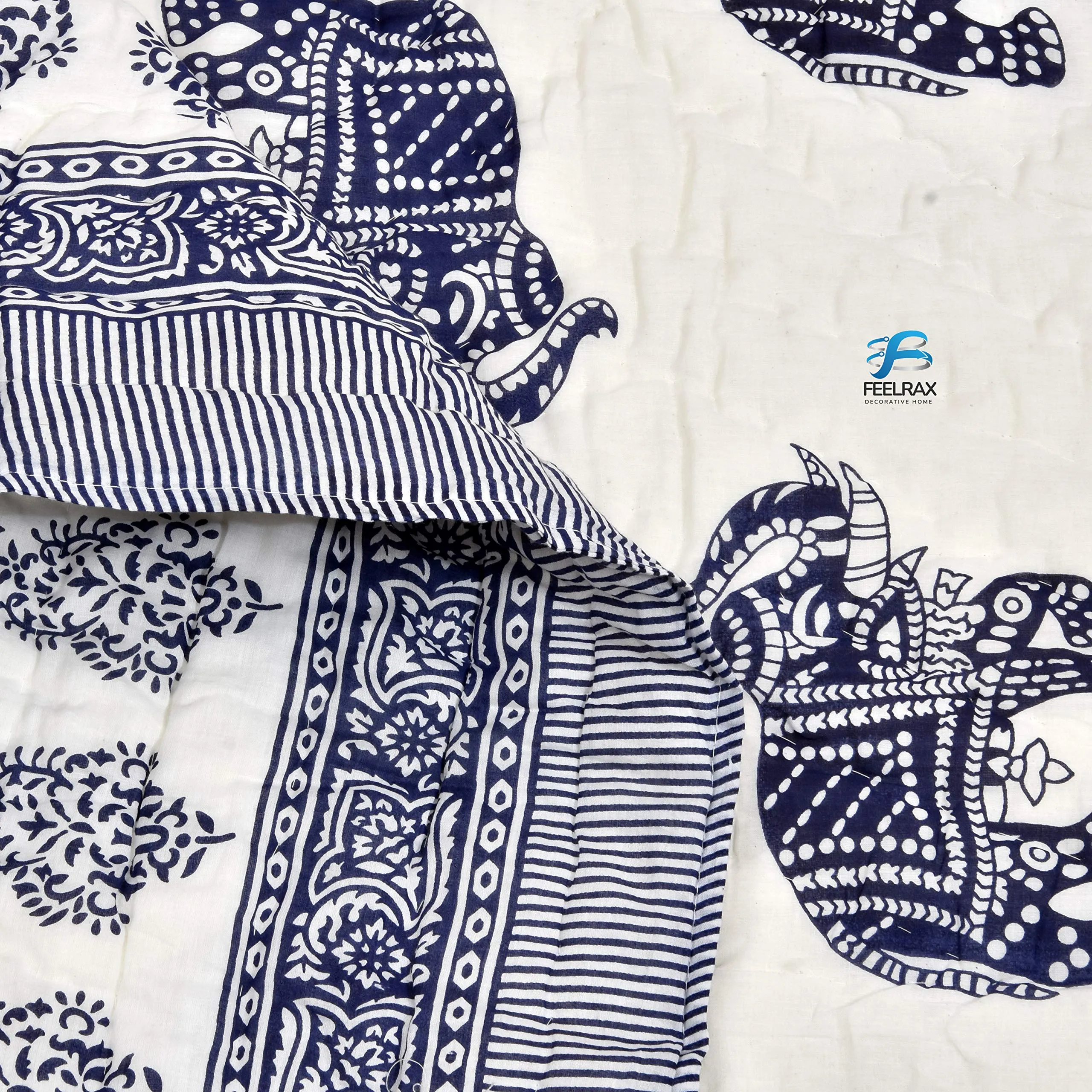 Bruld Original Pure Cotton Jaipuri Razai All-Weather Blue Elephant Print Reversible Double Bed Comforter Light Weight AC Quilt Summer and Winter Bedding | Bedroom | Throw Bed Blanket King Size