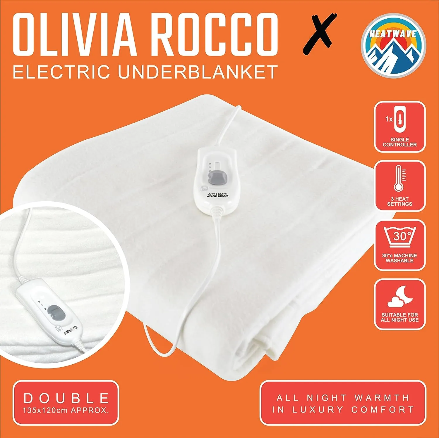 Heated Electric Blanket with 3 Heat Settings Overheat Protection Fast Heat-Up in Single Double King Sizes Perfect for Winter by OLIVIA ROCCO