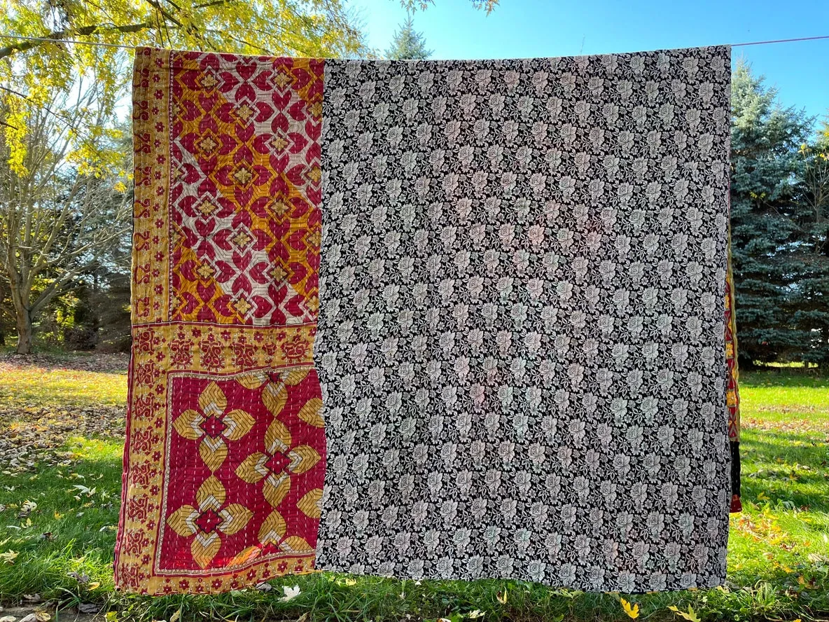 Vintage Sari Kantha Throw Blanket